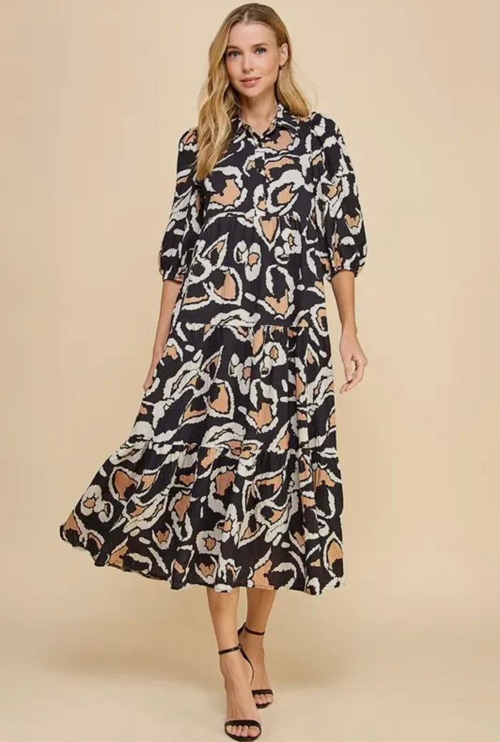 *Available in Store* Mae Black Abstract Print Midi Dress