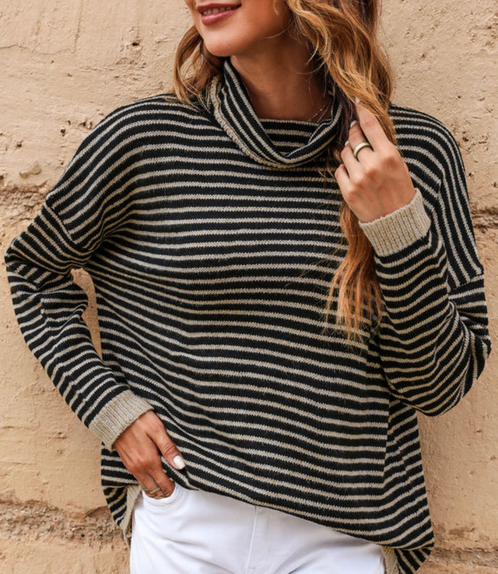 *Arriving In Store Soon* Black & Tan Striped High Low Sweater