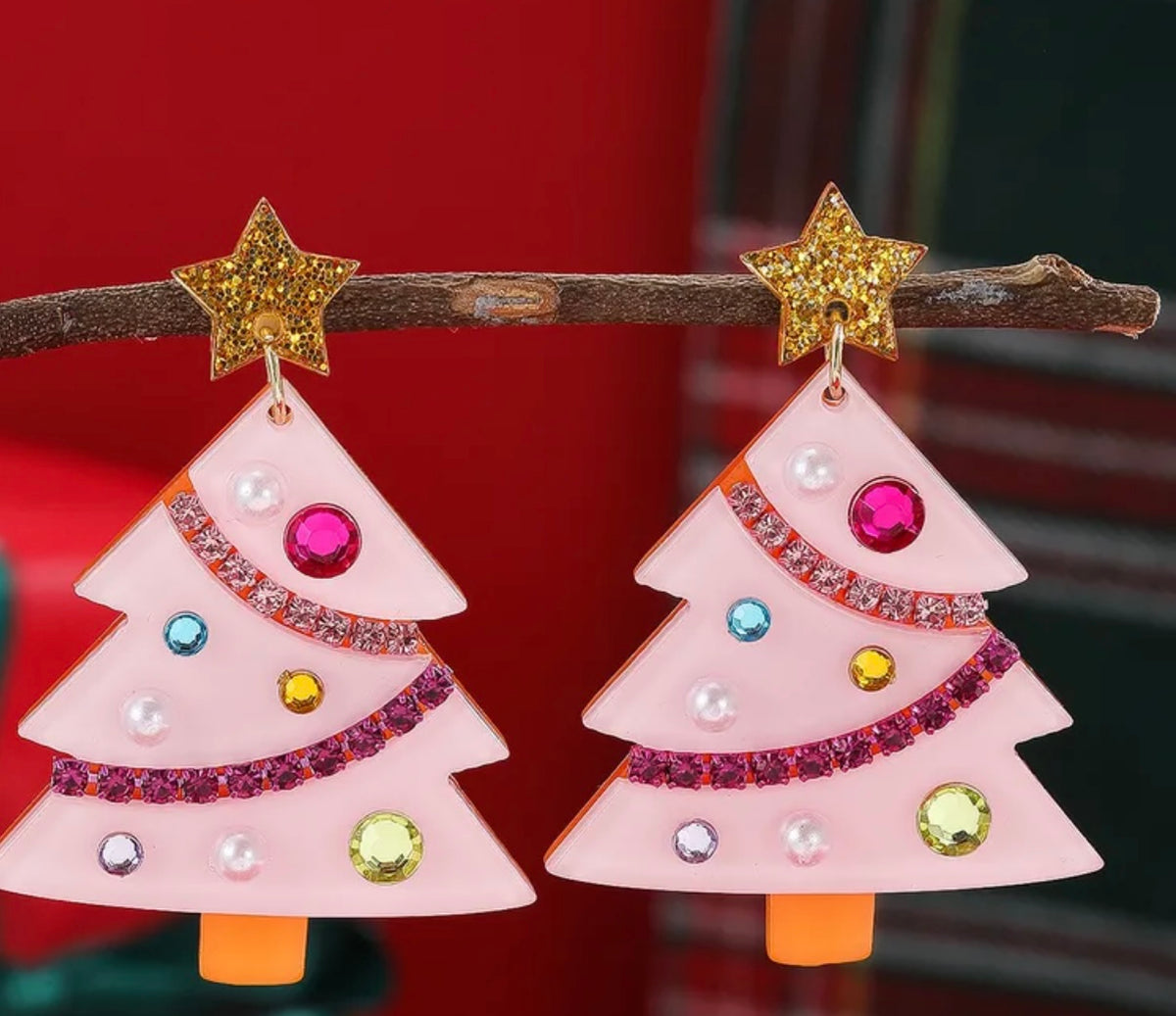 Bedazzled Pink Christmas Tree Earrings (FW)