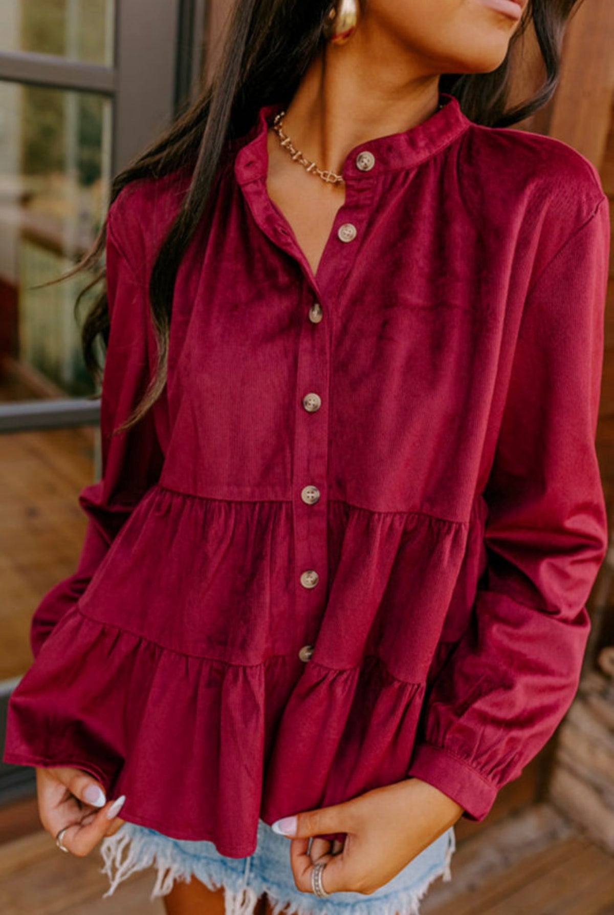 *Available in Store* Stevie Dark Red Small Cord Button Up