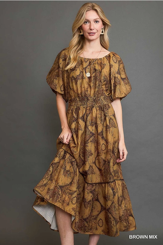 *Available in Store!* Brown Pattern Midi Dress