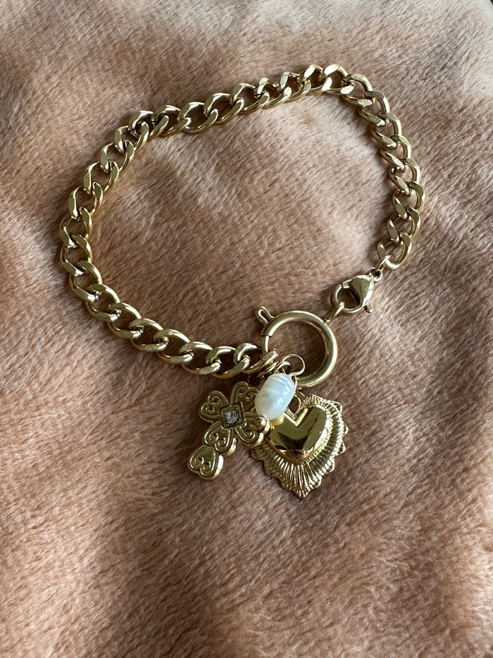 Heart, Cross, & Pearl Charm Bracelet