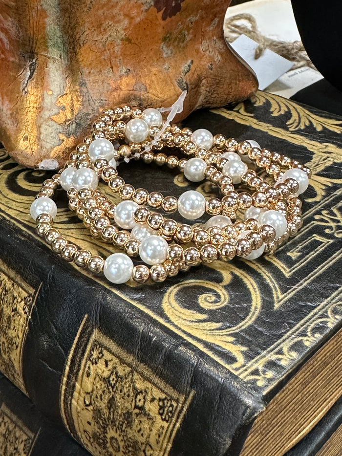 Set of 5 Gold Beaded & Pearl Stretch Bracelets