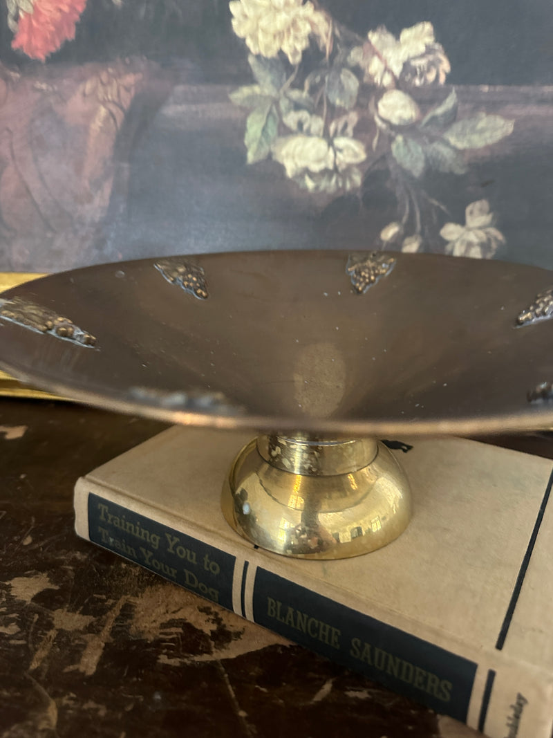 Vintage Brass Pedestal Bowl with Grape Details