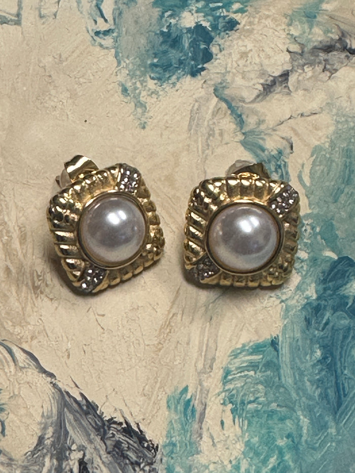 Square Gold Pearl Post Earrings