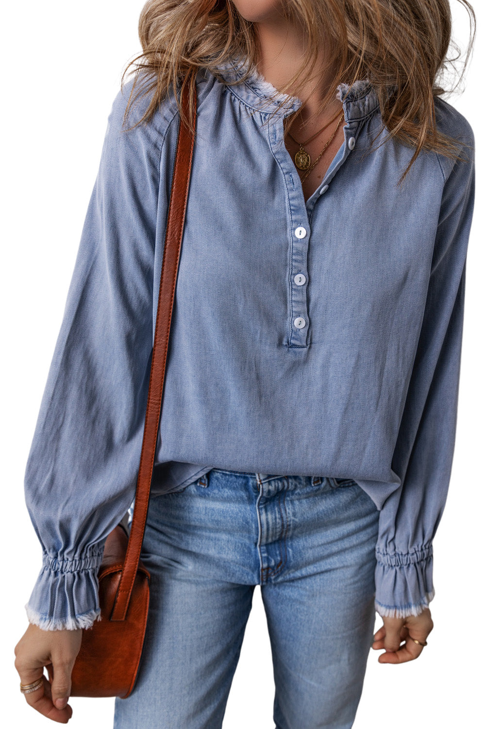 *WEBSITE EXCLUSIVE* Sky Blue Frilled Raw Hem Half Buttoned Denim Top