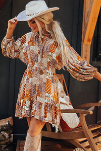 *WEBSITE EXCLUSIVE* Bettie Orange Boho Floral Puff Sleeve Smocked Waist Mini Shirt Dress