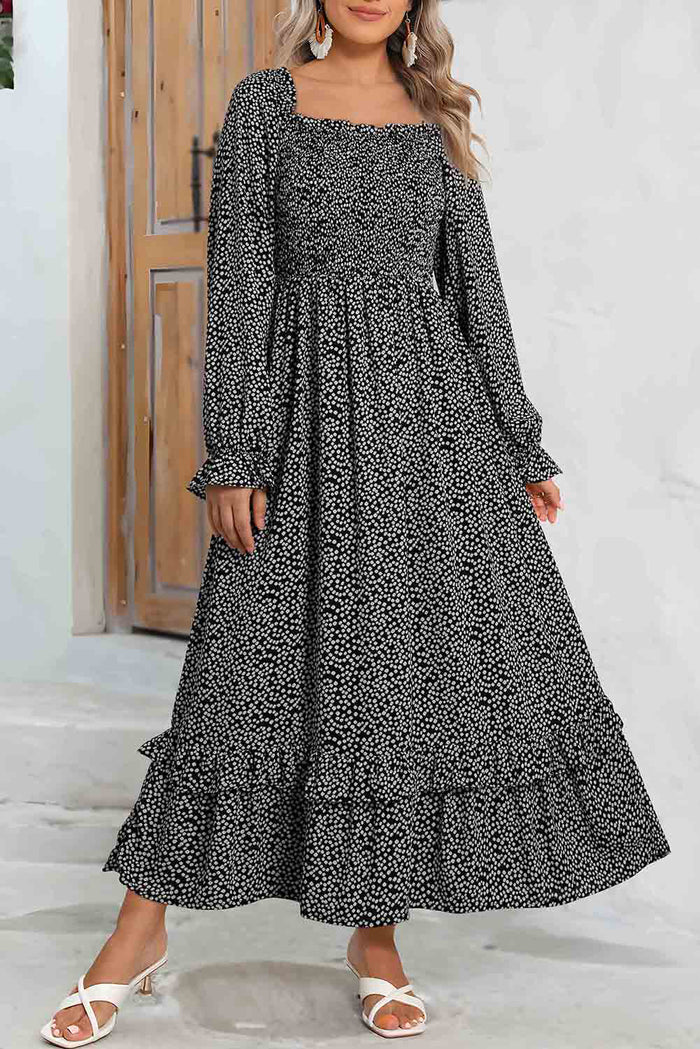 *WEBSITE EXCLUSIVE* Black Printed Long Sleeve Square Neck Midi Dress