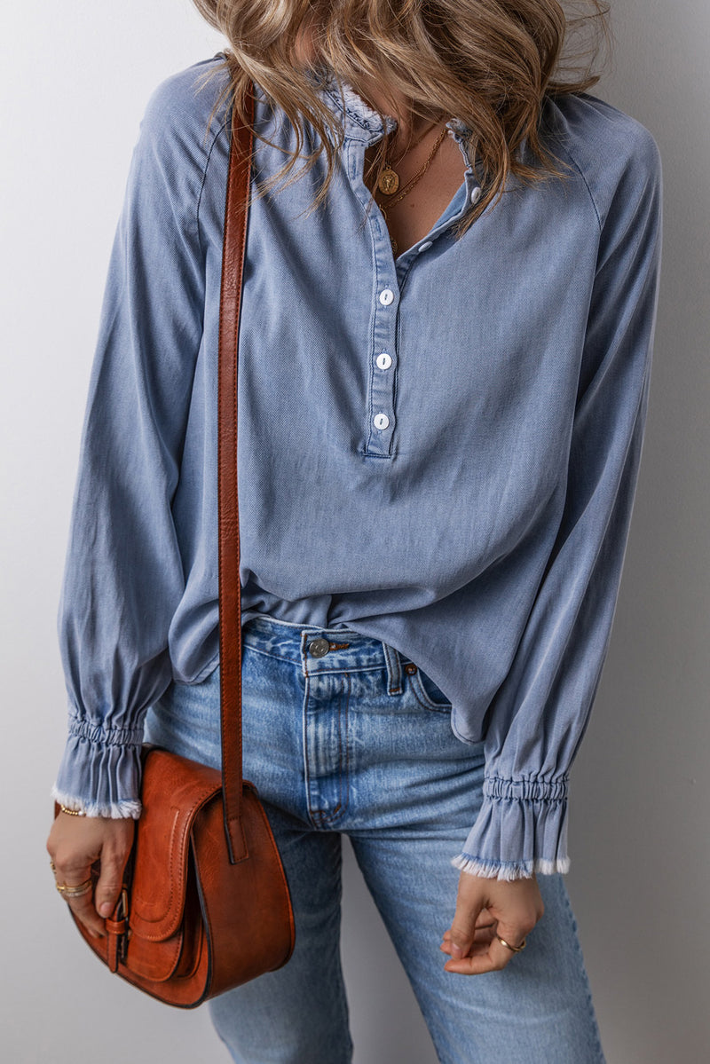 *WEBSITE EXCLUSIVE* Sky Blue Frilled Raw Hem Half Buttoned Denim Top