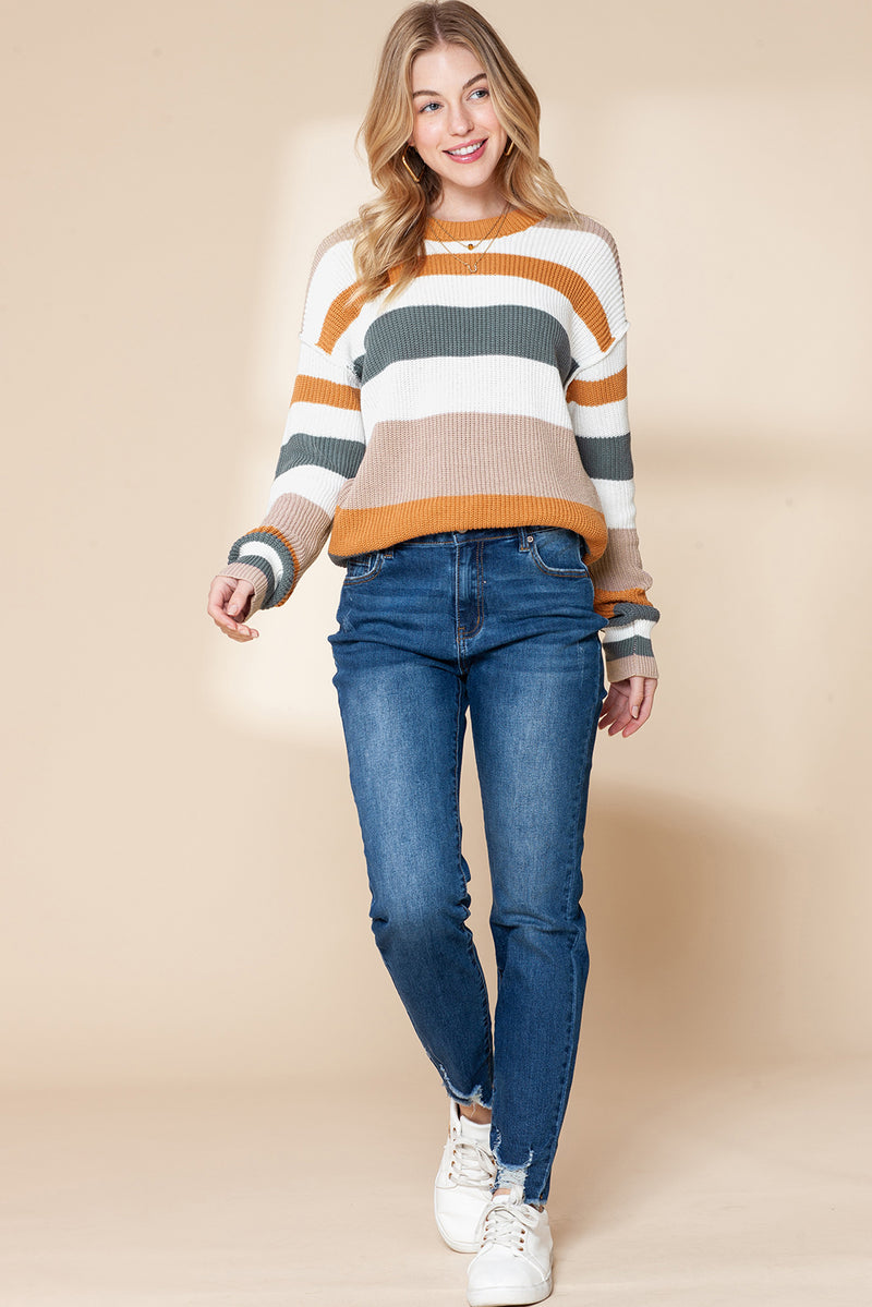 *Website Exclusive* Camel Ribbed Round Neck Color Block Knitted Sweater