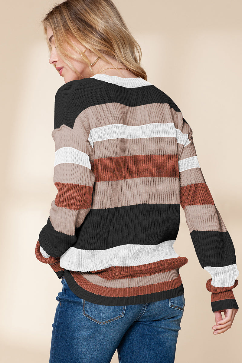 *Website Exclusive* Camel Ribbed Round Neck Color Block Knitted Sweater