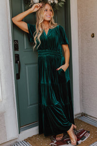 *Website Exclusive* Taylor Velvet Puff Short Sleeve Smocked Waist Tiered Maxi Dress