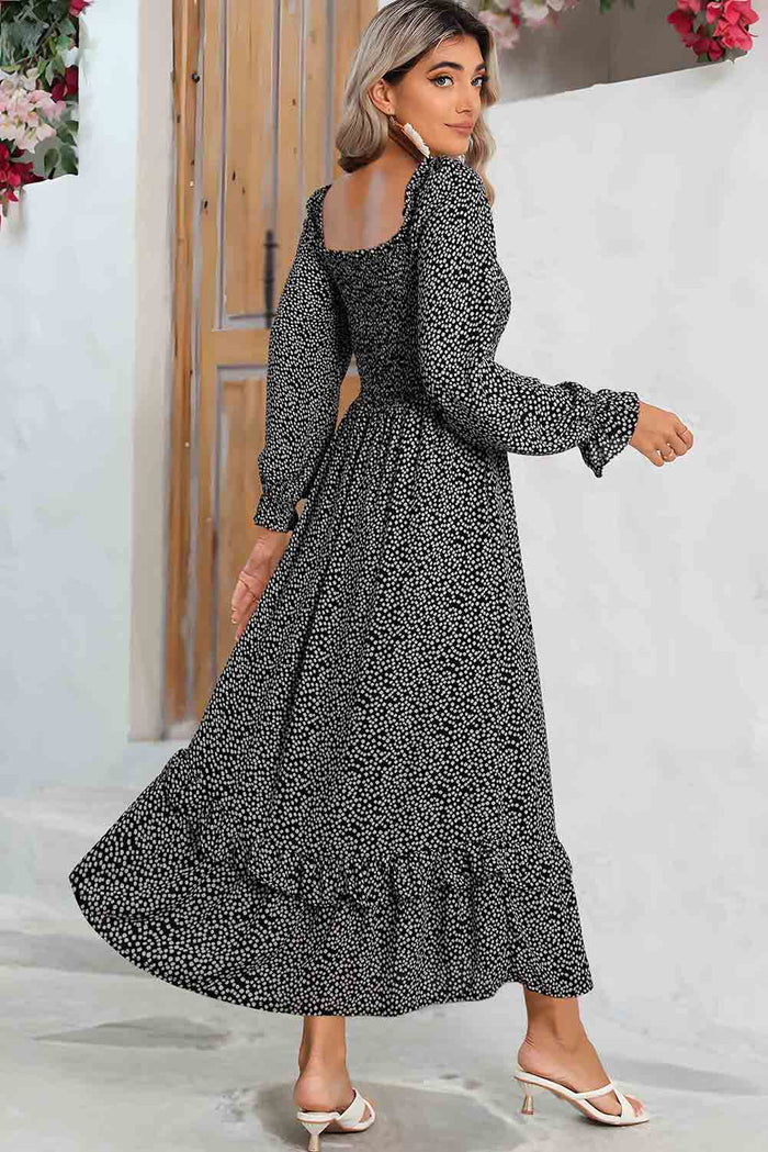 *WEBSITE EXCLUSIVE* Black Printed Long Sleeve Square Neck Midi Dress