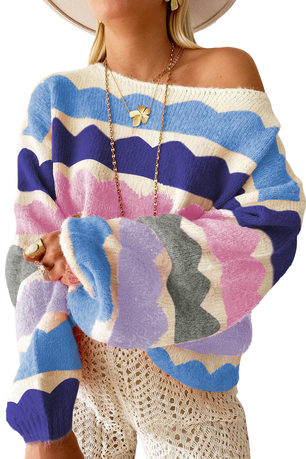 *Website Exclusive* Tabbie Wave Striped Balloon Sleeve Drop Shoulder Sweater