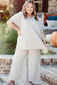 *WEBSITE EXCLUSIVE* Beige Plus Size Textured Collared Top and Drawstring Pants Set