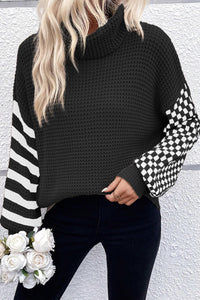 *Website Exclusive * Striped Checked Patchwork Waffle Knit Turtleneck Sweater