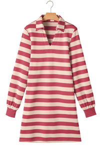 *Website Exclusive* Stripe Pocketed Collared V Neck Loose Fit Mini Dress