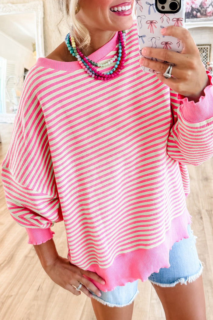 *WEBSITE EXCLUSIVE*  Flora Pink Stripe Drop Shoulder Long Sleeve Top