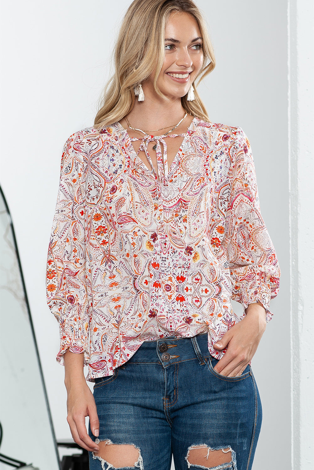 *WEBSITE EXCLUSIVE* Red Boho Paisley Print Shirred Cuffs Blouse