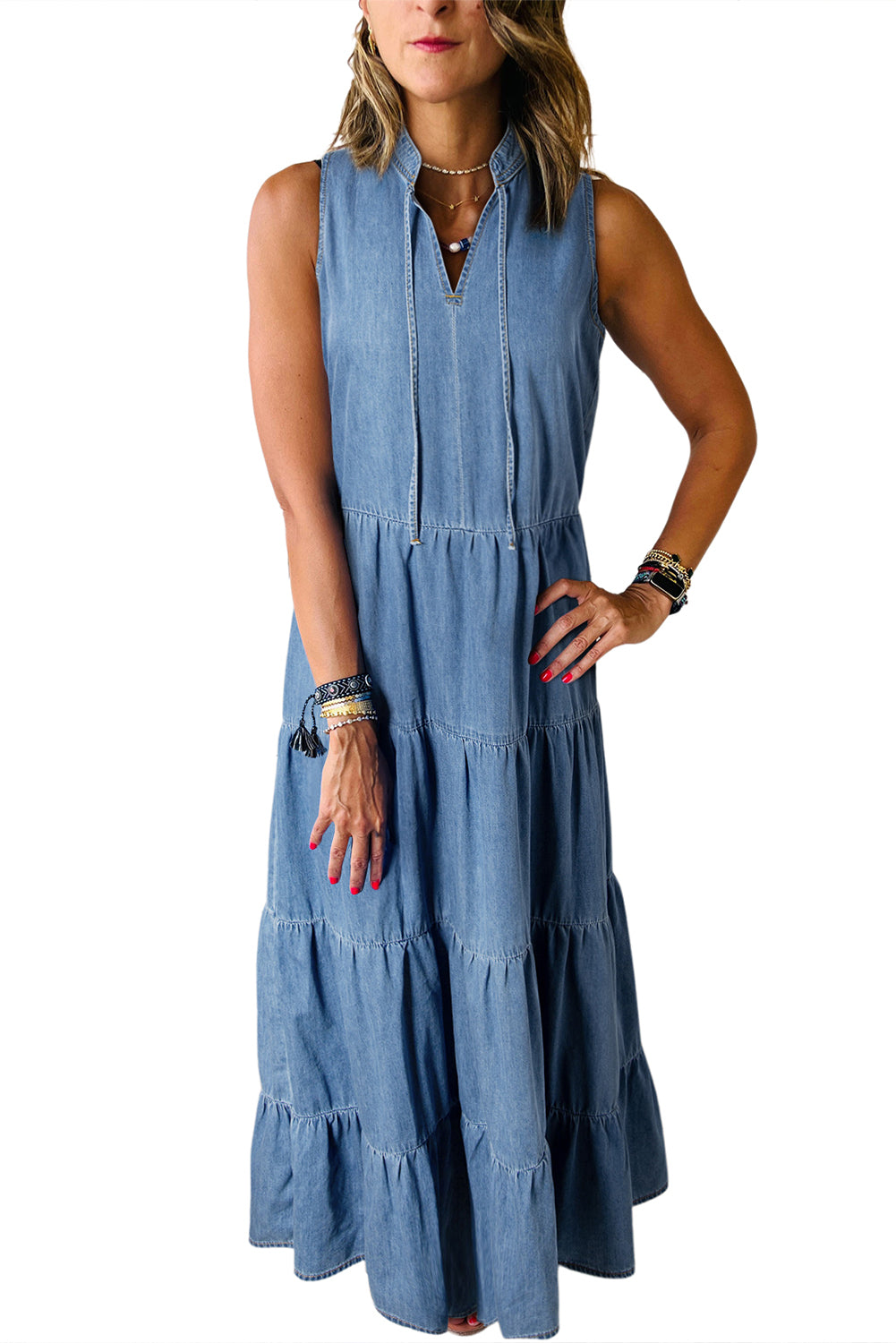 *WEBSITE EXCLUSIVE*  Sleeveless Tiered Chambray Maxi Dress