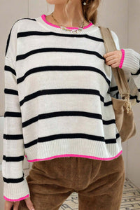 *WEBSITE EXCLUSIVE* Tess White Stripe Contrast Trim Drop Shoulder Sweater