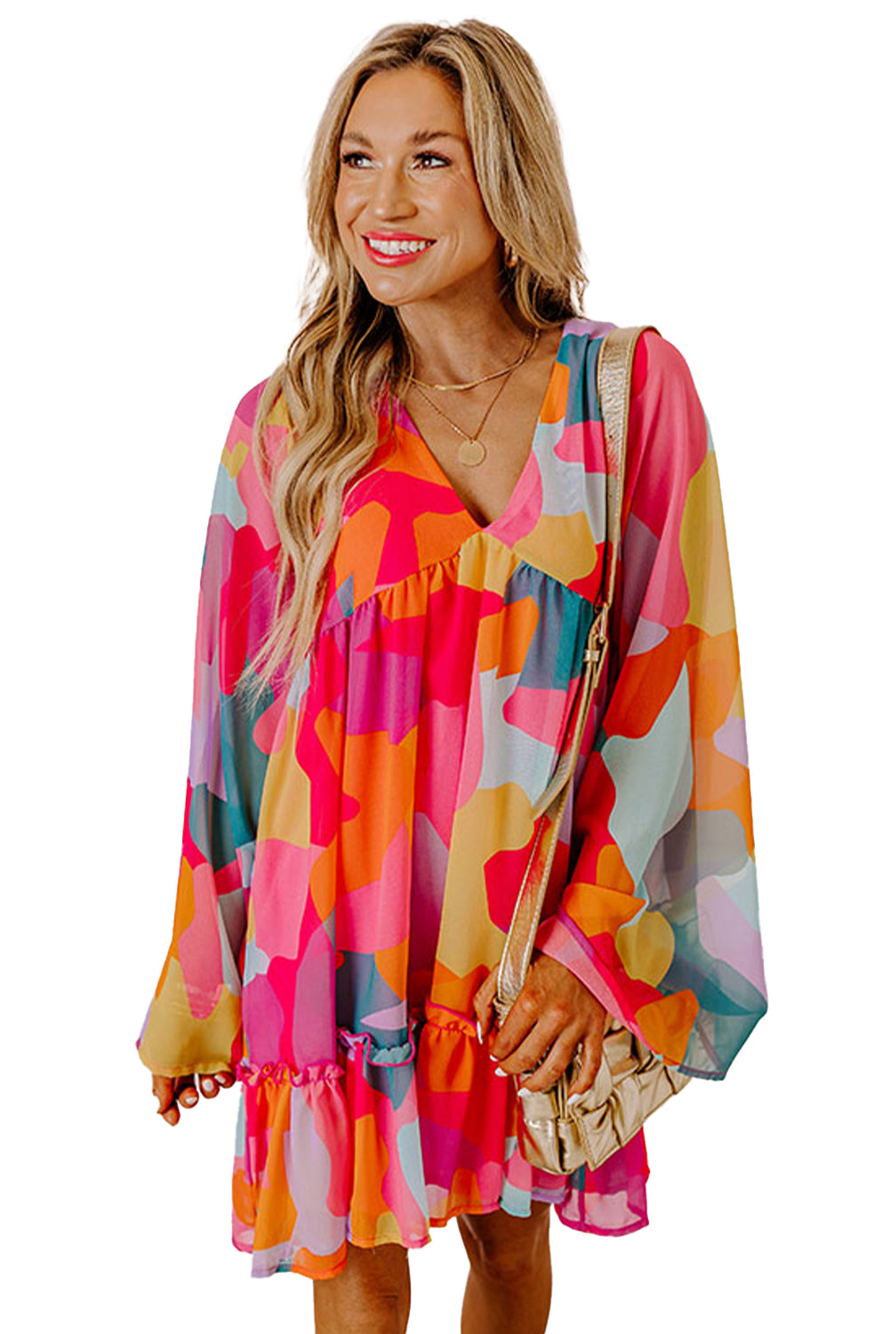 *WEBSITE EXCLUSIVE*  Abstract Print Bell Sleeve V Neck Babydoll Dress