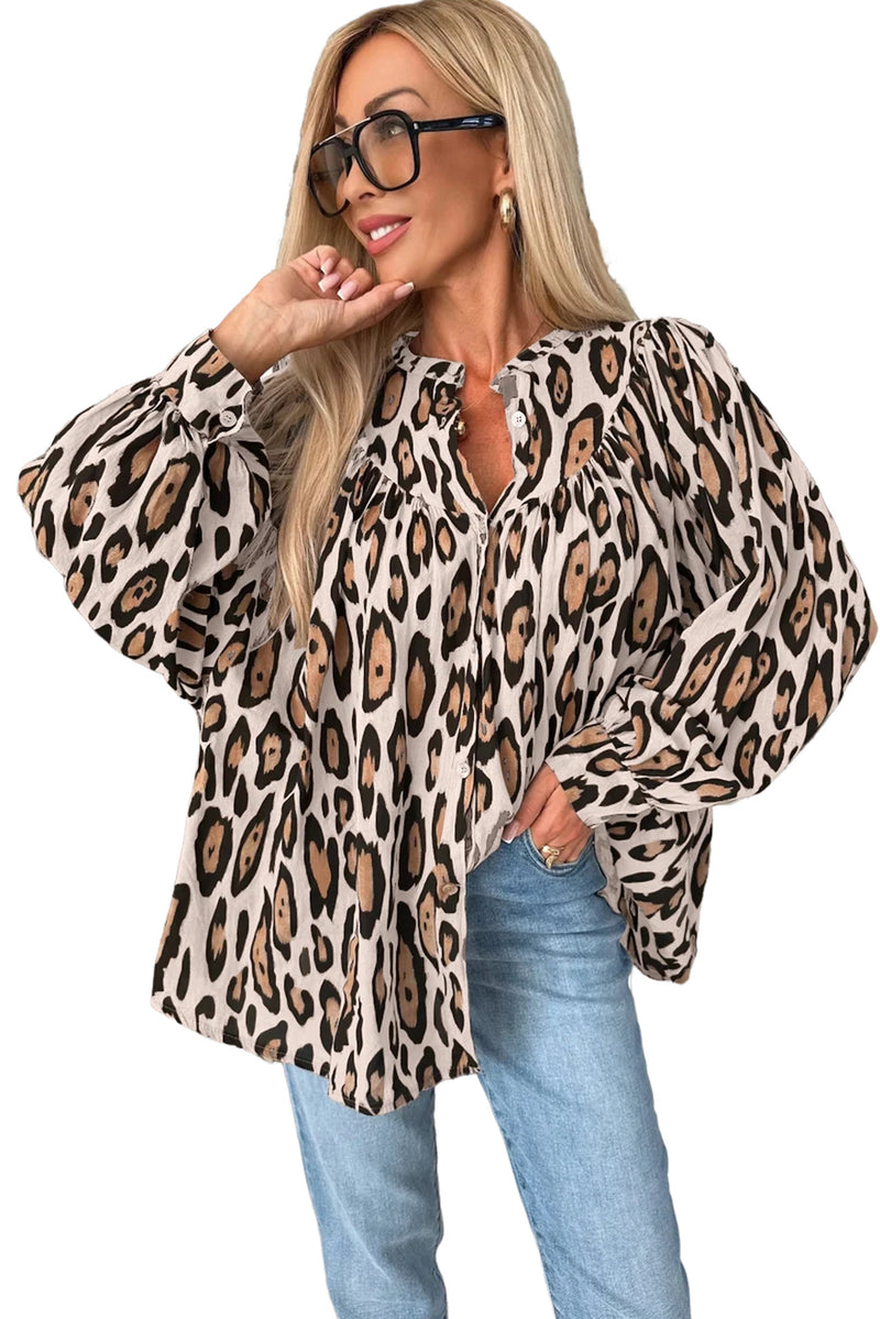 *Website Exclusive*  Leopard Print Balloon Sleeve Loose Blouse