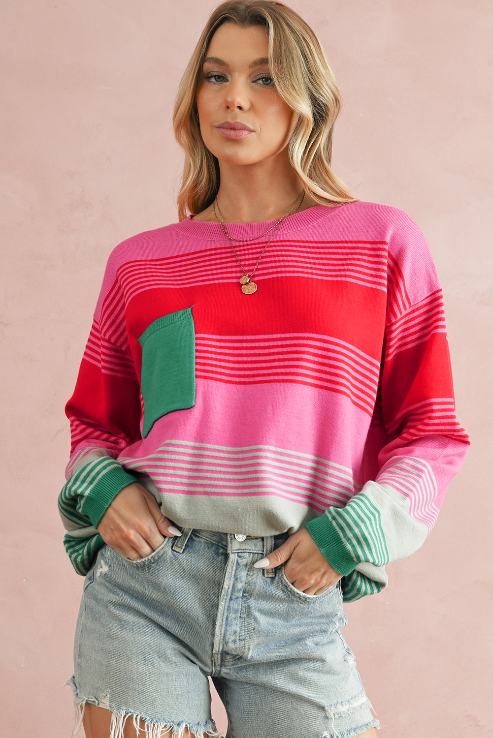 *WEBSITE EXCLUSIVE* Rose Striped Patch Pocket Drop Shoulder Knit Sweater