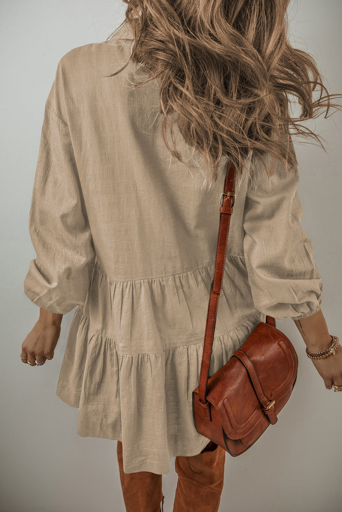 *WEBSITE EXCLUSIVE* Tan Puff Sleeve Buttoned Tiered Pleated Mini Shirt Dress