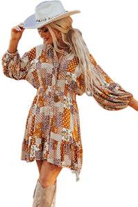 *WEBSITE EXCLUSIVE* Bettie Orange Boho Floral Puff Sleeve Smocked Waist Mini Shirt Dress