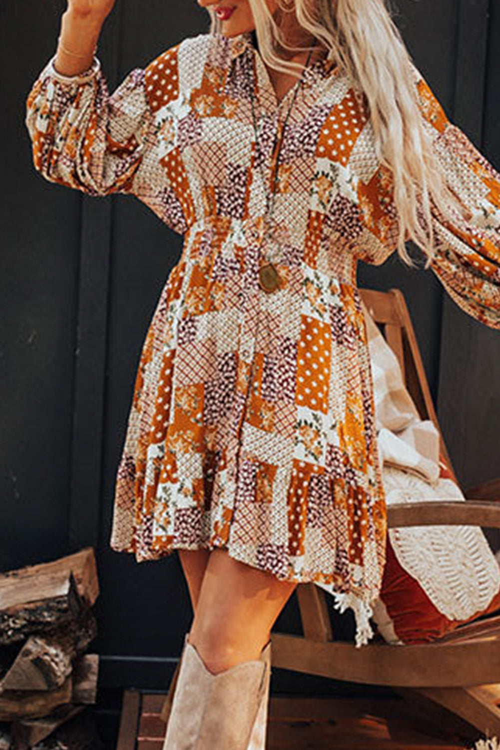 *WEBSITE EXCLUSIVE* Bettie Orange Boho Floral Puff Sleeve Smocked Waist Mini Shirt Dress