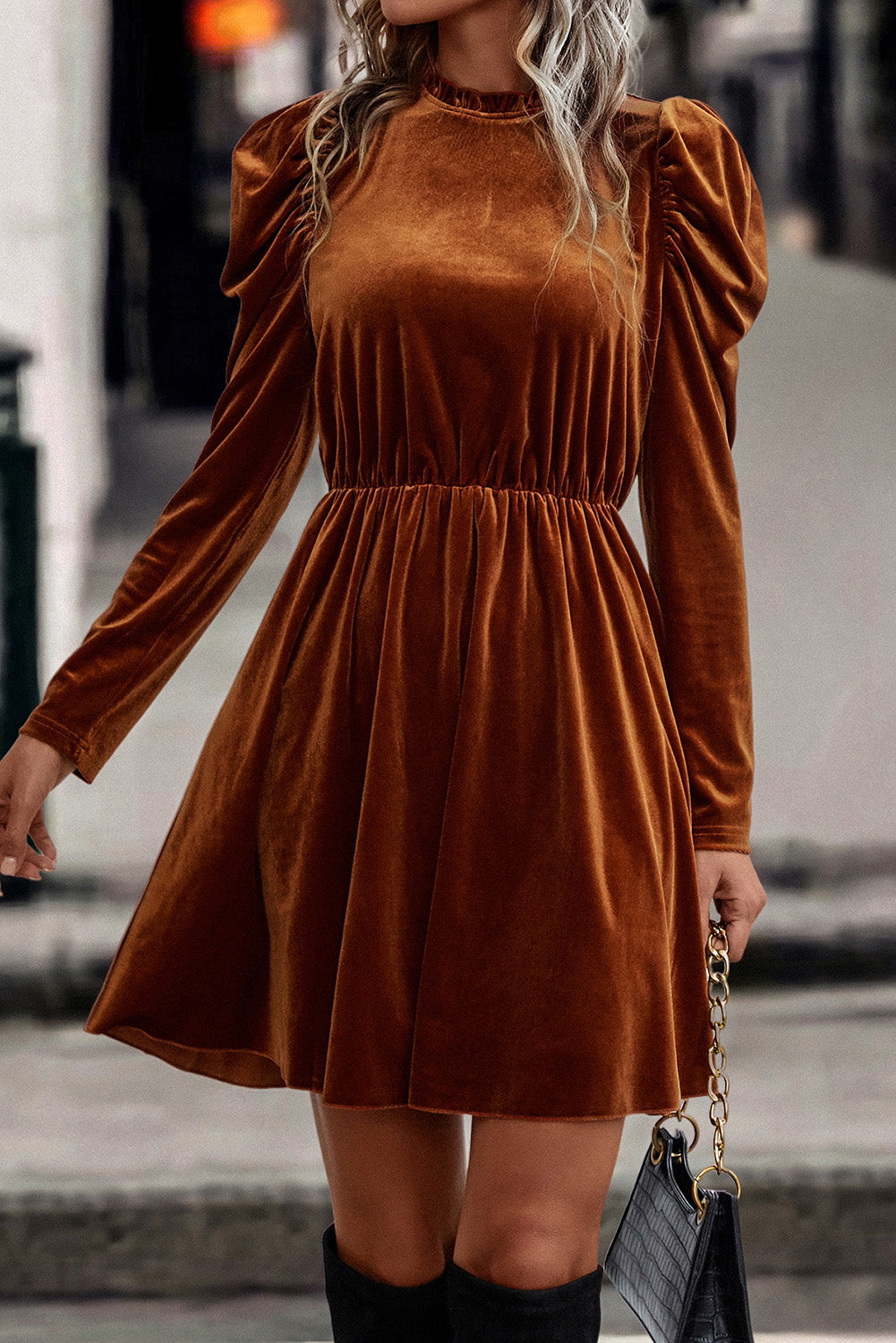 *Website Exclusive* Velvet Frilled Neck Gigot Sleeve Swing Dress