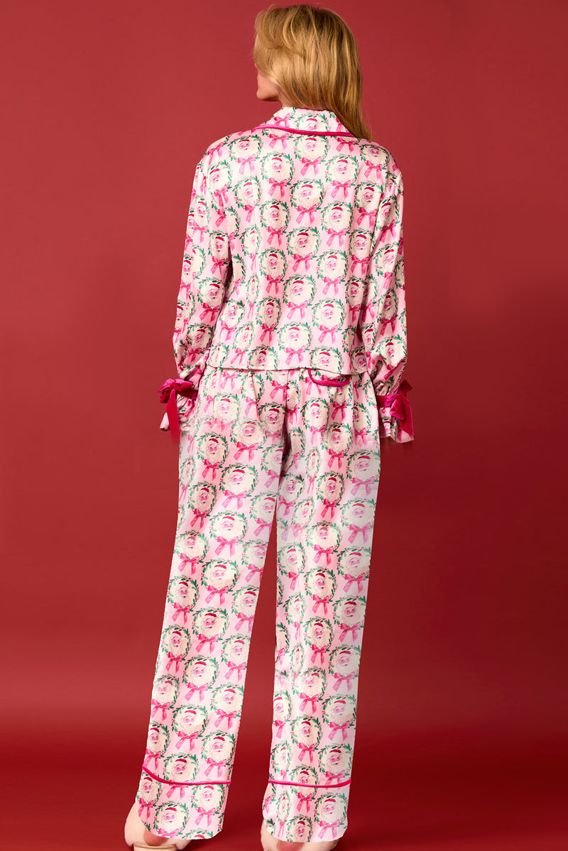 *Website Exclusive* Estimated Ship Date 11/27 Pink Santa Claus Bow Long Sleeve Lapel Collar Pajama Set