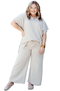 *WEBSITE EXCLUSIVE* Beige Plus Size Textured Collared Top and Drawstring Pants Set