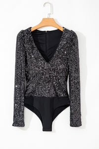 *WEBSITE EXCLUSIVE* Brooke Black Sequin V Neck Zipped Long Sleeve Bodysuit