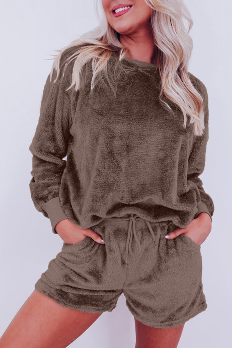 *WEBSITE EXCLUSIVE* Coffee Solid Loose Fit High Waist Fleece Loungewear Set