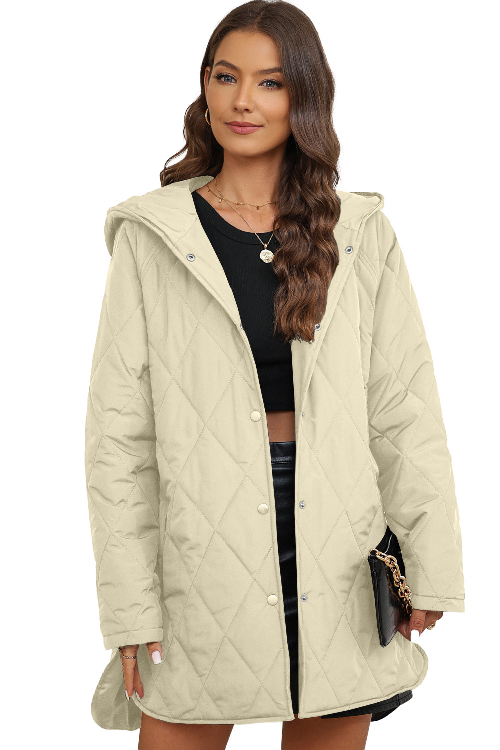 *Website Exclusive* Beige Quilted Snap Button Hooded Puffer Coat