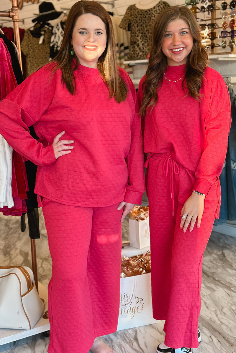 *WEBSITE EXCLUSIVE* Strawberry Pink Checkered Textured Pullover Top and Pants Set