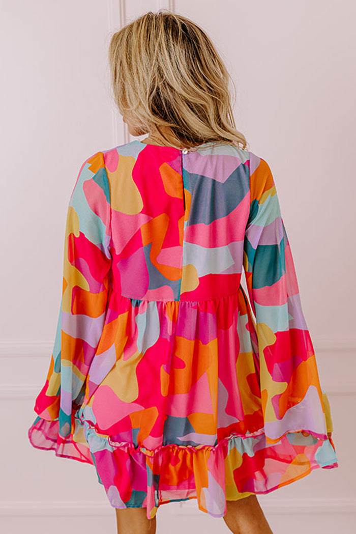 *WEBSITE EXCLUSIVE*  Abstract Print Bell Sleeve V Neck Babydoll Dress