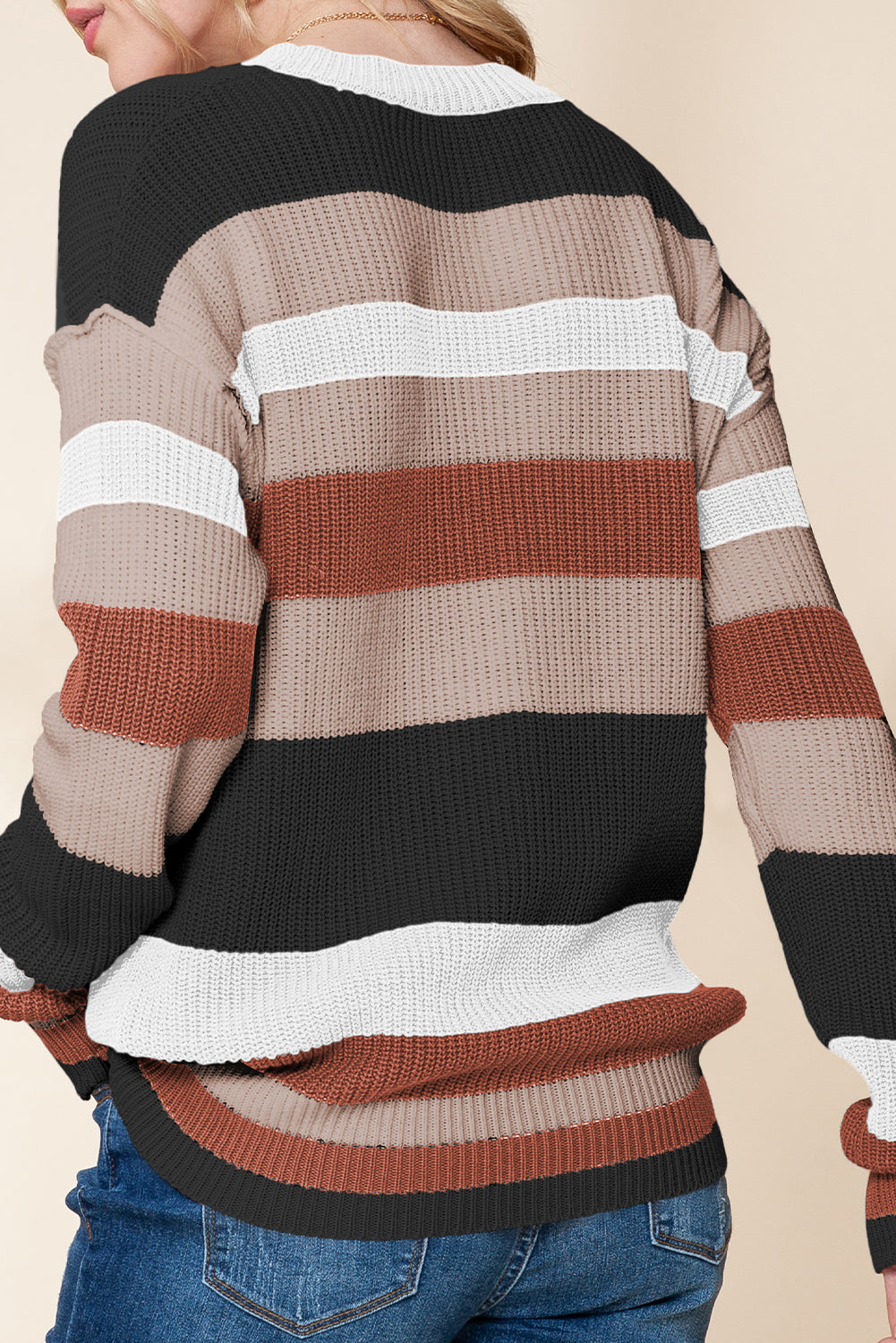 *Website Exclusive* Camel Ribbed Round Neck Color Block Knitted Sweater