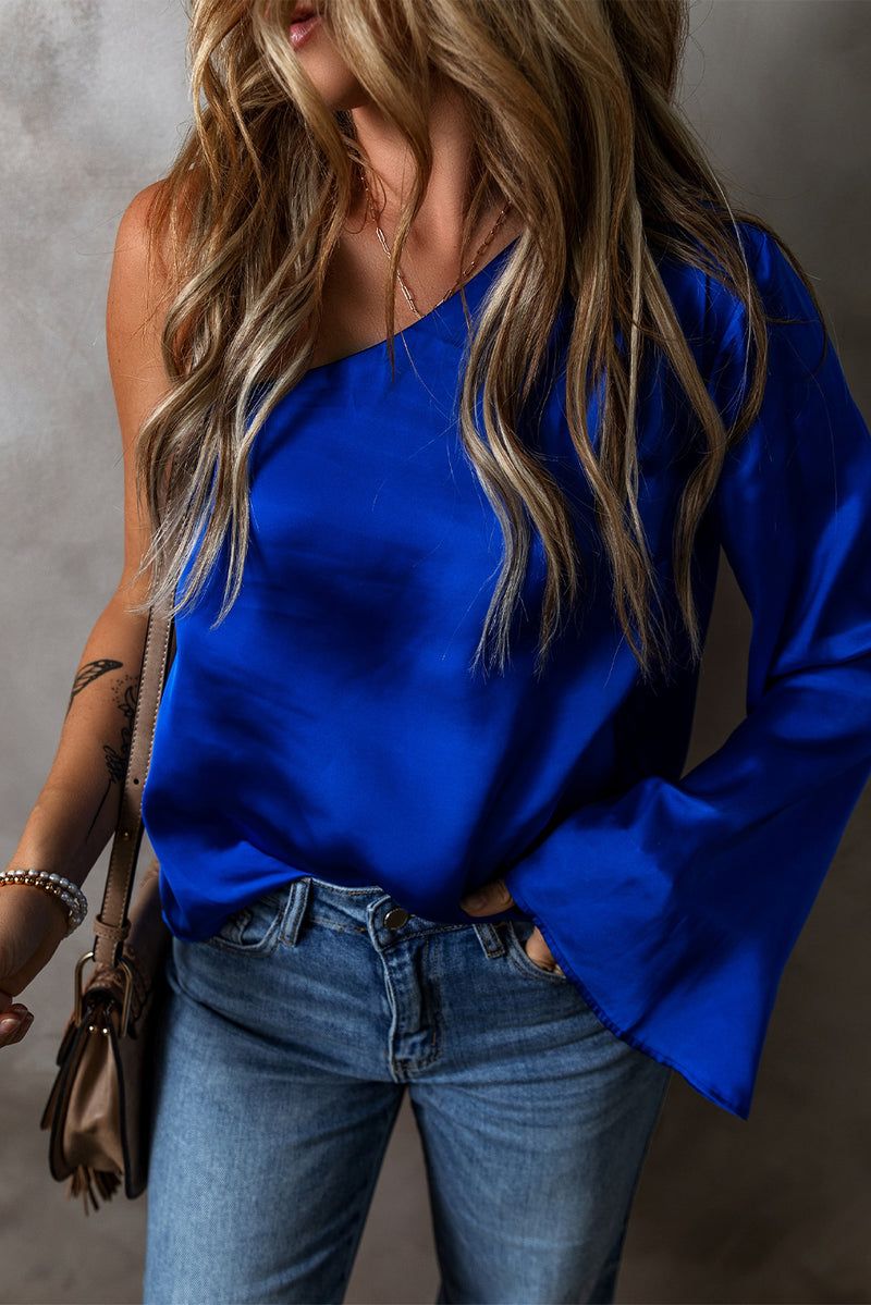 *WEBSITE EXCLUSIVE* Dark Blue Asymmetric One Shoulder Bell Sleeve Satin Blouse