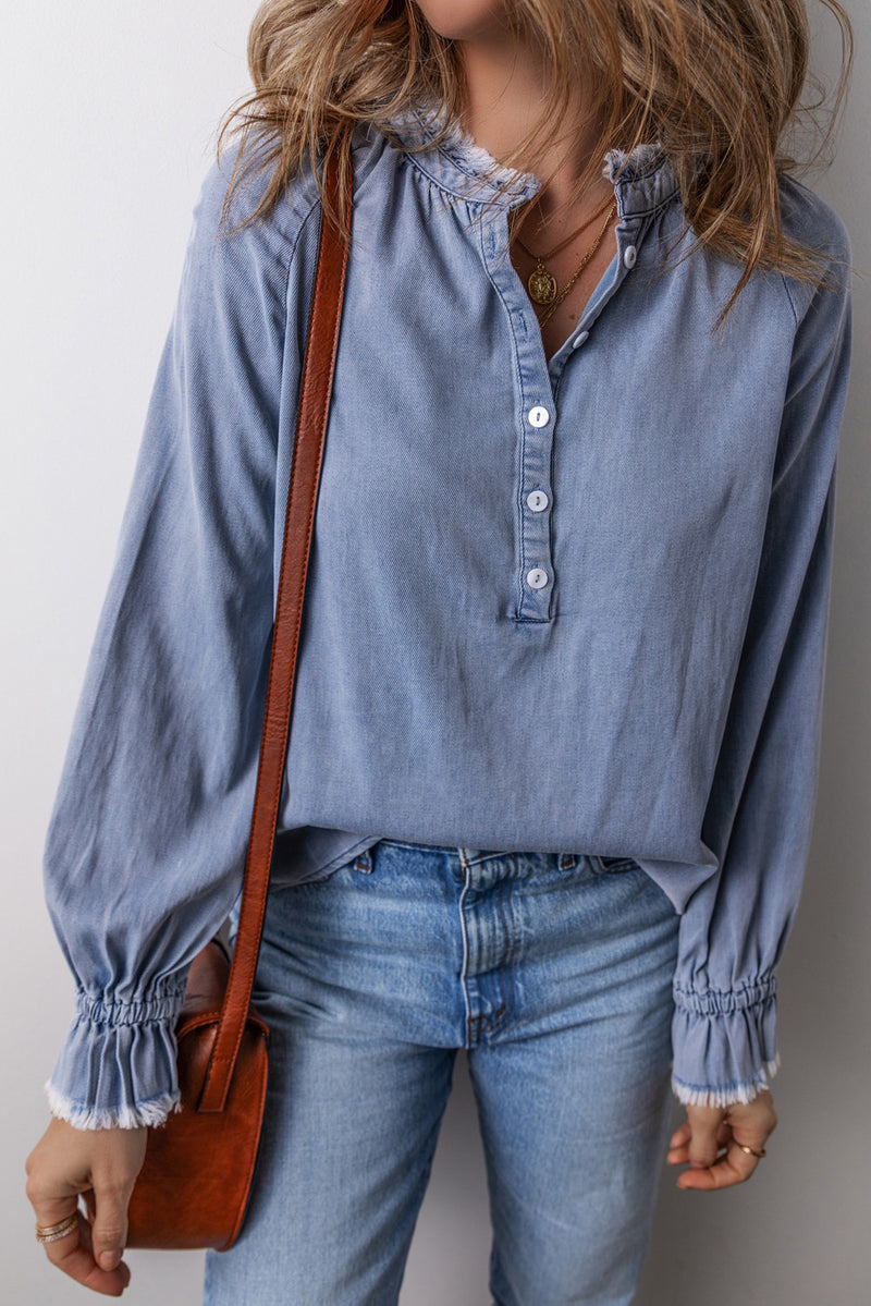 *WEBSITE EXCLUSIVE* Sky Blue Frilled Raw Hem Half Buttoned Denim Top