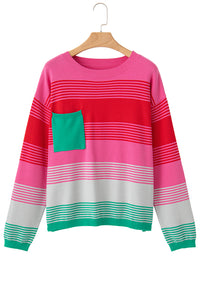 *WEBSITE EXCLUSIVE* Rose Striped Patch Pocket Drop Shoulder Knit Sweater