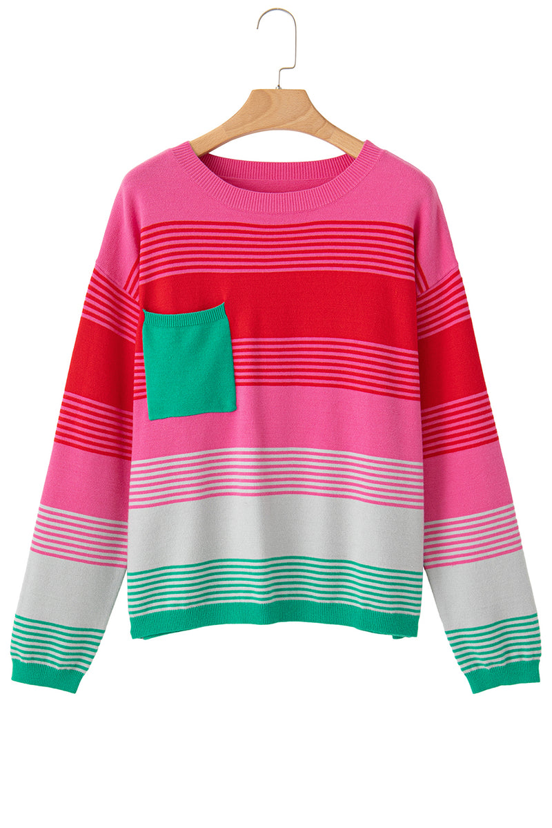 *WEBSITE EXCLUSIVE* Rose Striped Patch Pocket Drop Shoulder Knit Sweater