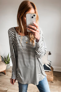 *WEBSITE EXCLUSIVE* Gray Stripe Drop Sleeve Round Neck Oversized Top