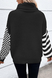 *Website Exclusive * Striped Checked Patchwork Waffle Knit Turtleneck Sweater