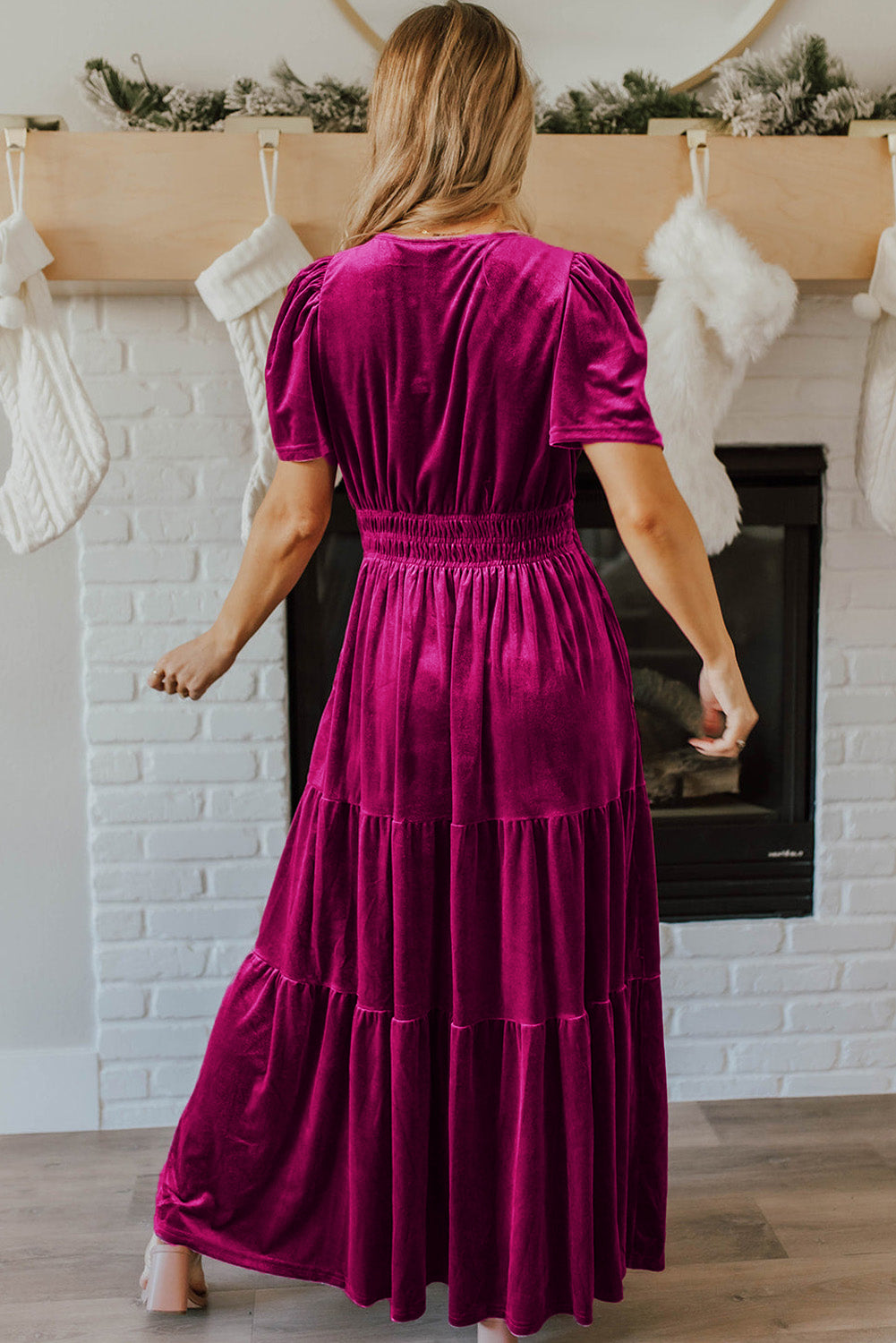 *Website Exclusive* Taylor Velvet Puff Short Sleeve Smocked Waist Tiered Maxi Dress