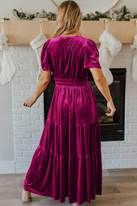 *Website Exclusive* Taylor Velvet Puff Short Sleeve Smocked Waist Tiered Maxi Dress