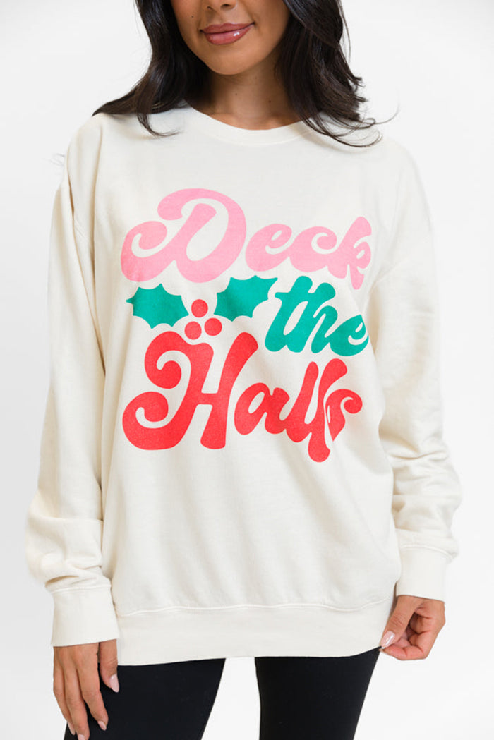 *Estimated Shipping 11/27 *Website Exclusive *Beige Deek the Halls Graphic Round Neck Sweatshirt