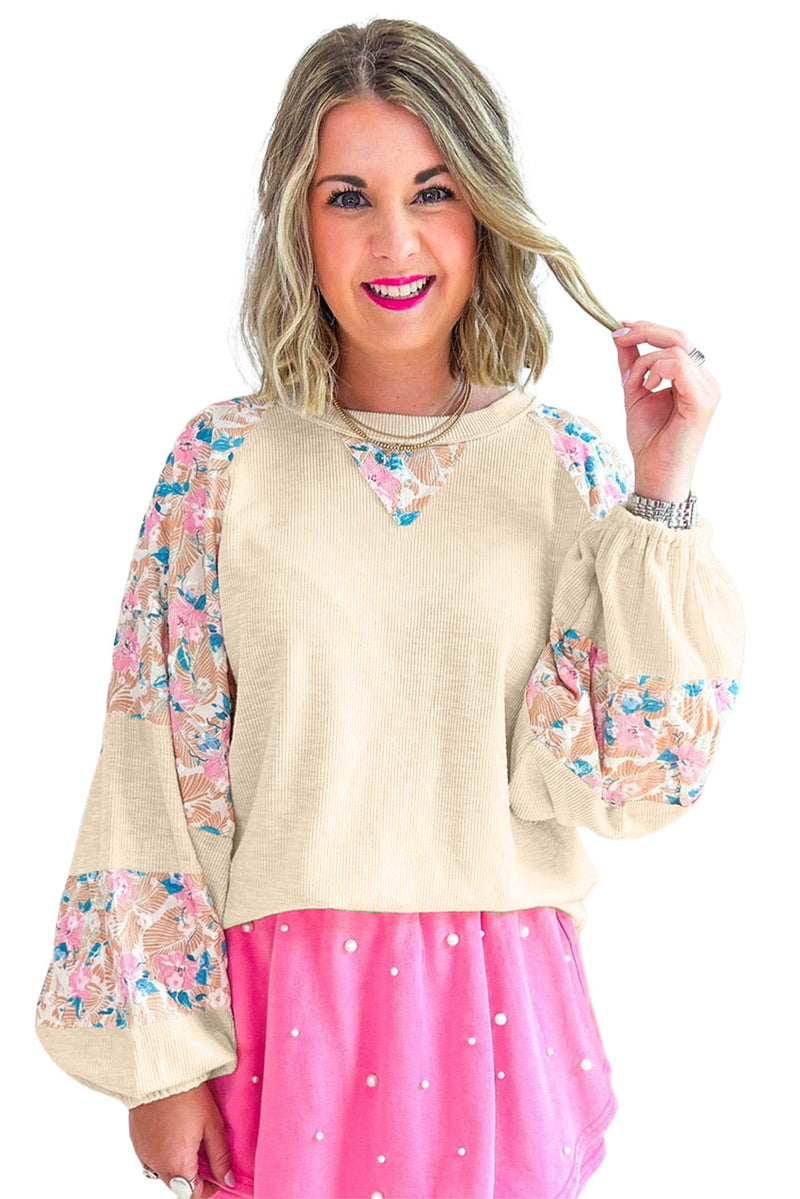 *WEBSITE EXCLUSIVE* Piper Rib Floral Patchwork Balloon Sleeve Top